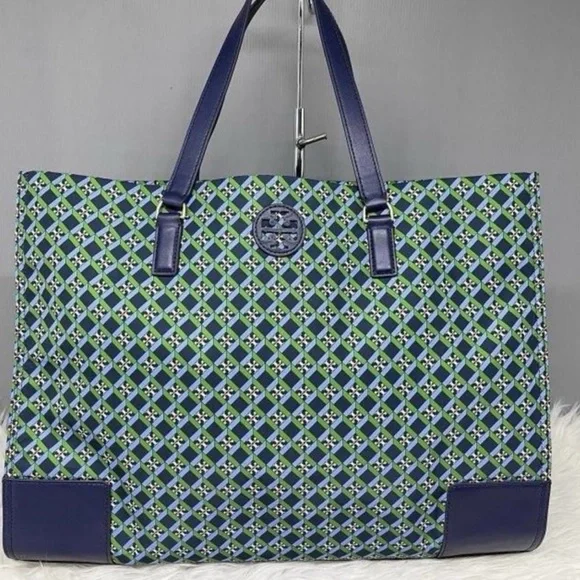 Tory Burch Women’s Ella Nylon Printed Tote Multi Geo logo Bag Navy Green - Picture 3 of 5
